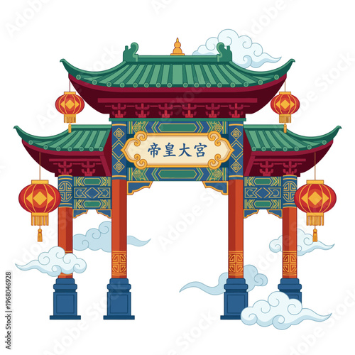This stunning illustration showcases a traditional Chinese archway adorned with red lanterns and decorative clouds, symbolizing cultural heritage and architectural beauty.