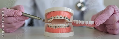 Obraz na plátně Orthodontist demonstrating braces treatment using a dental model