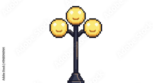 A pixel art street lamp featuring three glowing yellow light globes shaped like smiley faces on a black pole with a white background.