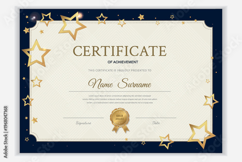 Achievement certificate template with gold stars and a dark blue border. Horizontal vector in an elegant style for a diploma, school award, and professional recognition of achievements.
