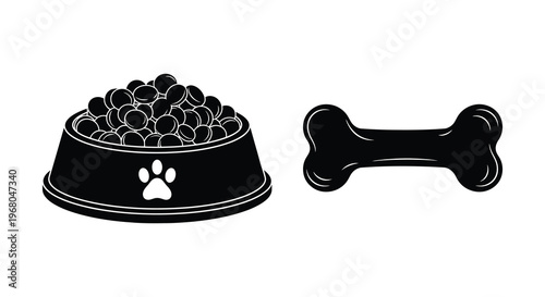 A simple graphic depicts a full food bowl and bone both in stark black creating a bold silhouette high quality professional