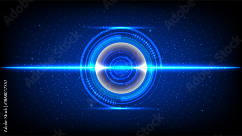 Digital glowing blue HUD circle elements with light line on dark background for tech design
