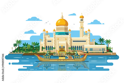 Elegant Building in Waterside: A depiction of a serene waterside scene featuring a majestic building with a golden dome reflecting calmly on the water. 