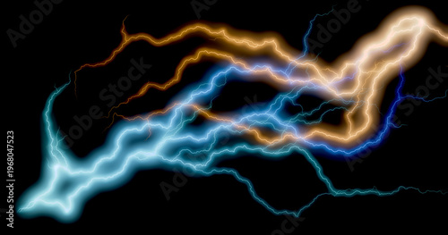overlay Blue and orange lightning strike collision isolated on black background, electric energy battle versus concept, hot and cold power discharge, magic thunder bolt flash