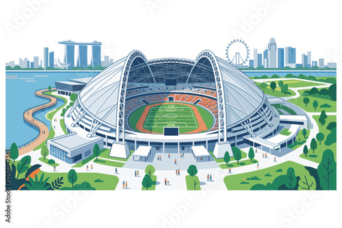 Spectacular Stadium: An artistic illustration captures the majesty of a stadium, nestled amidst a cityscape, inviting sports enthusiasts to witness unforgettable moments. 