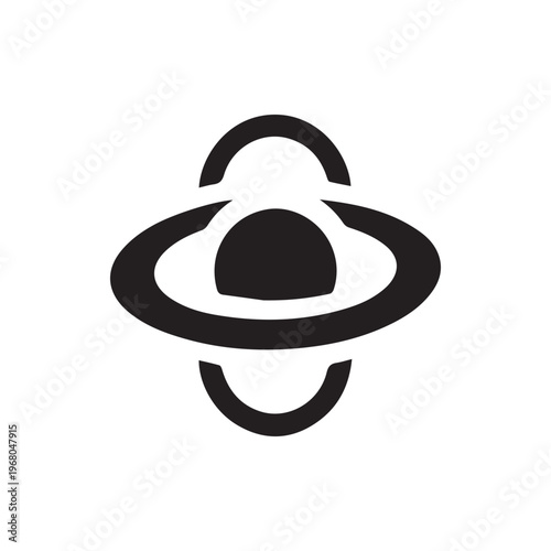 Abstract black silhouette of a celestial body with prominent rings orbiting its center