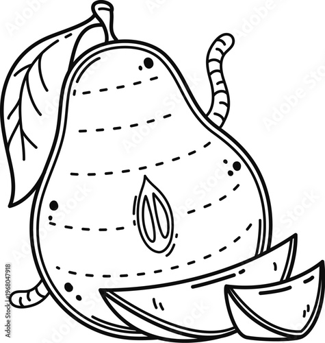 Natural pear fruit kids memo note template. Kids diary juicy vegetarian product vector sticker, schedule fresh fruit frame. Child planner to do list ripe farm food memo note with pear half and worm