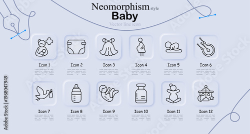 Baby set icon. Mother with child, diaper, dress clothing, pregnant woman, crawling baby, teether toy, stork bird, feeding bottle, newborn pose, medical bottle, sitting baby, crib mobile line icons
