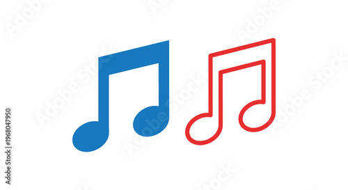 Two musical notes one blue and one red are displayed side by side in a simple design silhouette high quality professional detailed modern