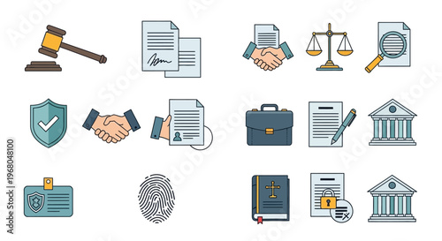 Business and Legal Outline Icons Set with Gavel, Handshake, Scales, and Documents in Bright Studio Background