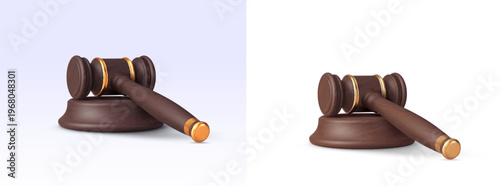 3d wooden justice judge gavel, bid auction vector hammer, justice mallet made of polished wood with round sound block. Realistic icon of law, court and legal system, authority, verdict, judicial power