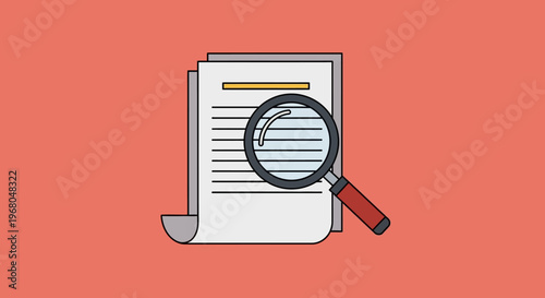 Detailed Document Analysis with Magnifying Glass on a Solid Red Background