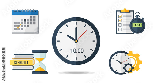 Time Management and Schedule Icons on an isolated white background, depicting clocks, hourglass, and a checklist for efficient planning.