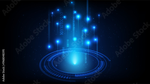 Digital HUD circle with falling binary code numbers and glowing blue lights, Data transfer technology concept