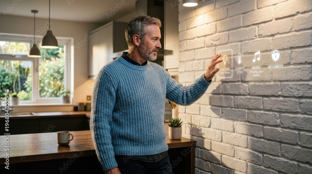 Fototapeta premium Mature man in light blue chunky knit sweater interacts with modern smart home technology panel on brick wall