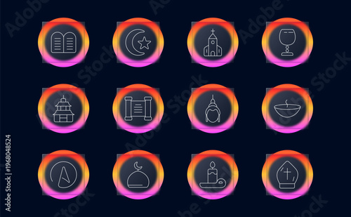 Religion faith symbols set icon. Linear spiritual belief collection with stone tablets, crescent star, church building, chalice cup, pagoda temple, sacred scroll, buddha statue meditation.