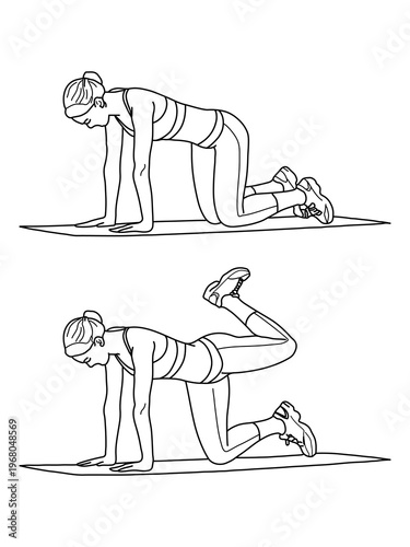 Minimal yoga poses flat illustration, workout for healthy pelvic muscles. with female figure in different yoga poses or asanas. Fitness, sports and Pilates. Outline vector illustration 