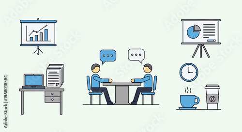 Business Meeting and Presentation Icons Set, Collaborative Discussion and Time Management in Bright Studio