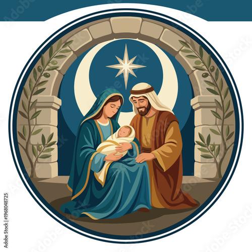 Fotografie A serene nativity scene featuring Mary, Joseph, and baby Jesus under a starry sky, embodying love, family, and the joy of new beginnings in a tranquil setting