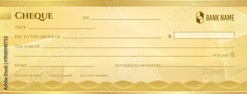 Paper bank check and payment cheque, blank checkbook paycheck, donate and charity template. Professional blank check featuring security patterns. Detailed vector illustration for education material