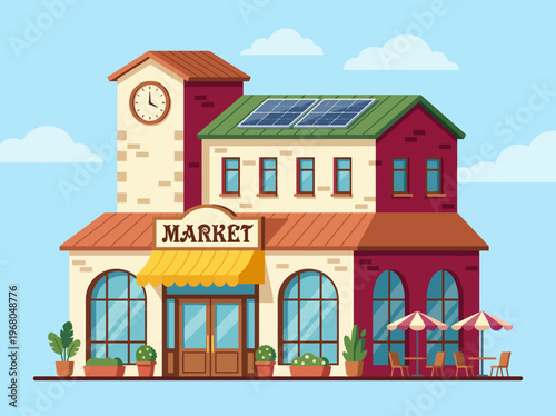 This charming market building features solar panels, large windows, and a welcoming entrance, showcasing sustainability and community spirit in architecture.
