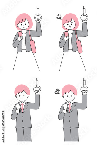 電車で通勤中にスマートフォンを見る若いビジネスパーソン｜男性と女性・笑顔と困った顔のセット