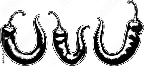 Black and White Chili Peppers in a Row with a Textured Artistic Style spice food
