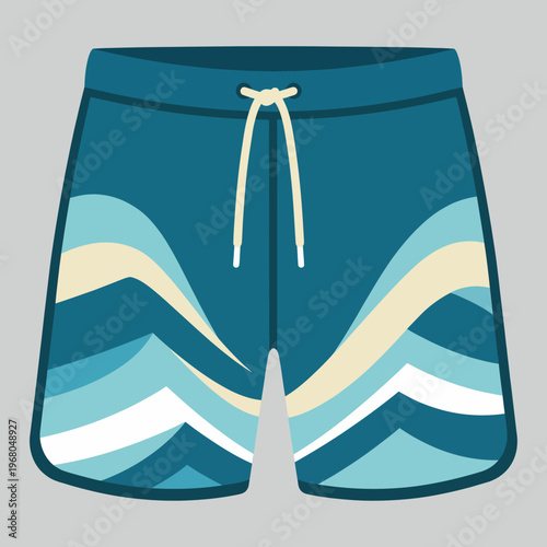 These swim shorts feature a vibrant design with blue waves and beige accents, perfect for a summer day at the beach, swimming pool or sunbathing at home, combining style and comfort.