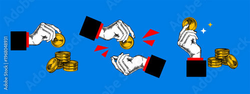 Collage set of sketch hands with coins. Saving budget, finance, banking, investment, insurance, credit, e-commerce, money concept. Hand drawn isolated vector illustration.