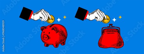 Collage set of sketch hands with coins, wallet and piggy bank. Saving budget, finance, banking, investment, insurance, credit, e-commerce, money concept. Hand drawn isolated vector illustration.