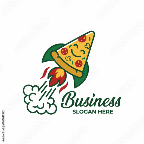 A fun and playful logo design featuring a smiling pizza slice blasting off like a rocket, perfect for capturing the adventurous spirit of food lovers.