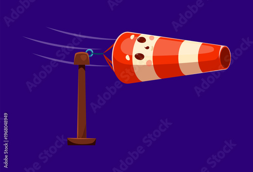 Cartoon funny weather character of windsock or wind cone with cute face, vector icon. Weather character or emoji emoticon of windsock or wind direction flag for kids or children kindergarten design