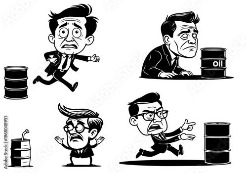 Cartoon businessman reacting to oil barrels with exaggerated emotions in black and white vector style, depicting stress, confusion, and panic in energy and finance concept