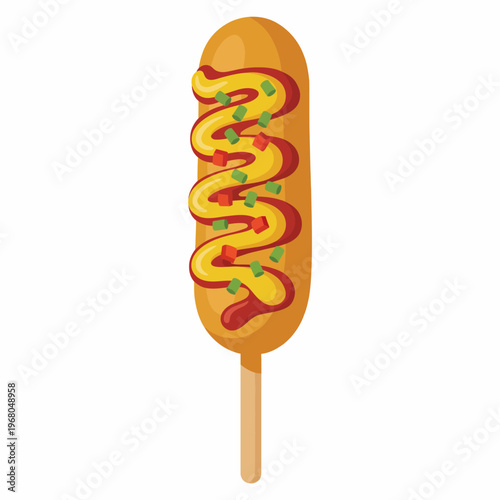 This image showcases a delectable corn dog topped with mustard and ketchup, making it a perfect representation of carnival treats and summer fairs that evoke a sense of nostalgia and fun.
