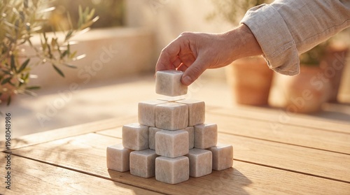 Quadro su tela Conceptual photograph: a hand carefully places a light marble cube