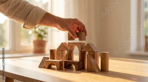 Tableau sur toile Human hand meticulously constructing a complex architectural model using various wooden building blocks indoors