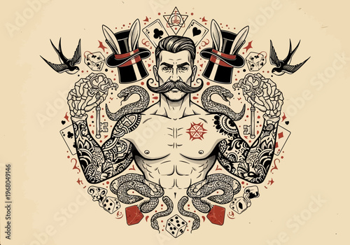 Vintage Tattoo Style Illustration of a Strongman Magician with Occult Symbols, Snakes, Magic Hats, and Playing Cards