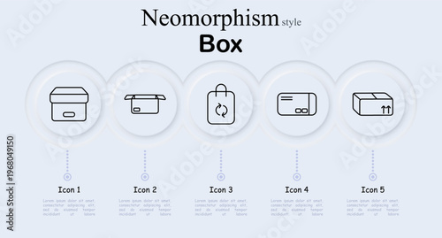 Packaging box set icon. Storage container box, open cardboard package, recycle shopping bag, parcel delivery envelope, shipping carton arrows, logistics transport service