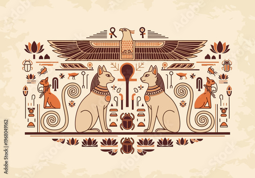 Ancient Egyptian Mythology Vector Illustration with Sacred Cats, Winged Falcon, Scarabs, and Ankh Symbols in Hieroglyphic Style