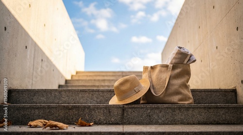 Elegant straw hat and a woven beach bag on concrete stairs, symbolizing a relaxing summer holiday or getaway.