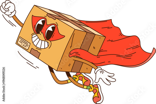 Cartoon groovy delivery box superhero character with funny face, vector parcel package. Funky groovy parcel box with silly smile and flying in superhero mantle for cargo or mail post service character