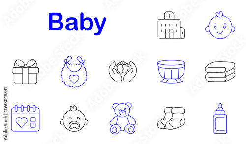 Baby care icon. Line style icons display hospital building, baby face, gift box, bib clothing, baby hands, cradle basin, folded towels, calendar heart, crying baby, teddy bear, socks, feeding bottle