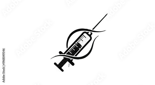 Syringe with clear measurement markings is elegantly enclosed by abstract swirling lines, representing medical innovation, scientific advancements, and healthcare solutions.