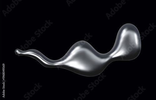 3d liquid metal chrome blob, drop. Glossy, molten silver splash and squiggly shape, blending organic fluidity with sleek texture. Modern vector design for representing innovation in tech presentation