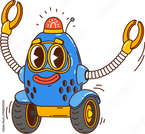 Cartoon funny groovy robot and droid character. Cheerful blue mascot on two wheels, smiling and waving tentacle arms. Retro vector robot with blinking light, and head antenna for delivery service