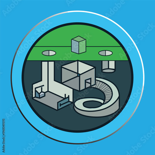 Isometric vector illustration of a subterranean bunker or underground secret facility with spiral staircase and multi-level rooms in a circular frame.