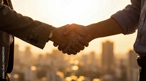 Foto Two individuals shaking hands against a blurred city skyline at golden hour, symbolizing agreement