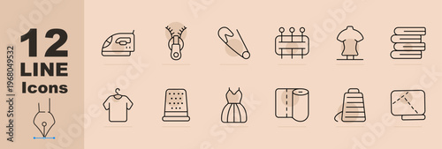 Sewing and textile line icons set with sewing machine, thread, safety pin, tailoring board, mannequin, fabric stack, t shirt, thimble, dress, fabric roll, backpack and cutting pattern