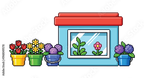 This is a pixel art vector illustration featuring a small blue flower shop with a red roof and various potted flowers lined up outside.
