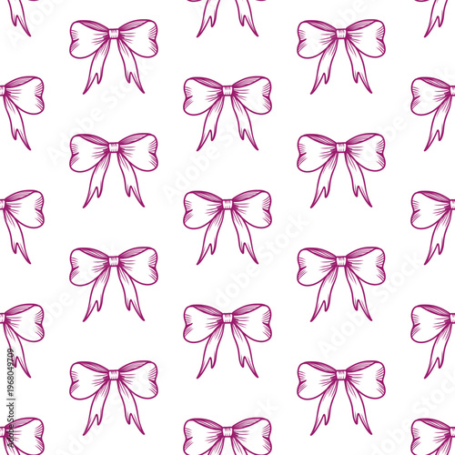 Hand drawn bows in simple line art seamless vector pattern. Whimsical delicate ribbon print in girly flirty style. Cute endless background for fabric and wallpaper. Bachelorette party design